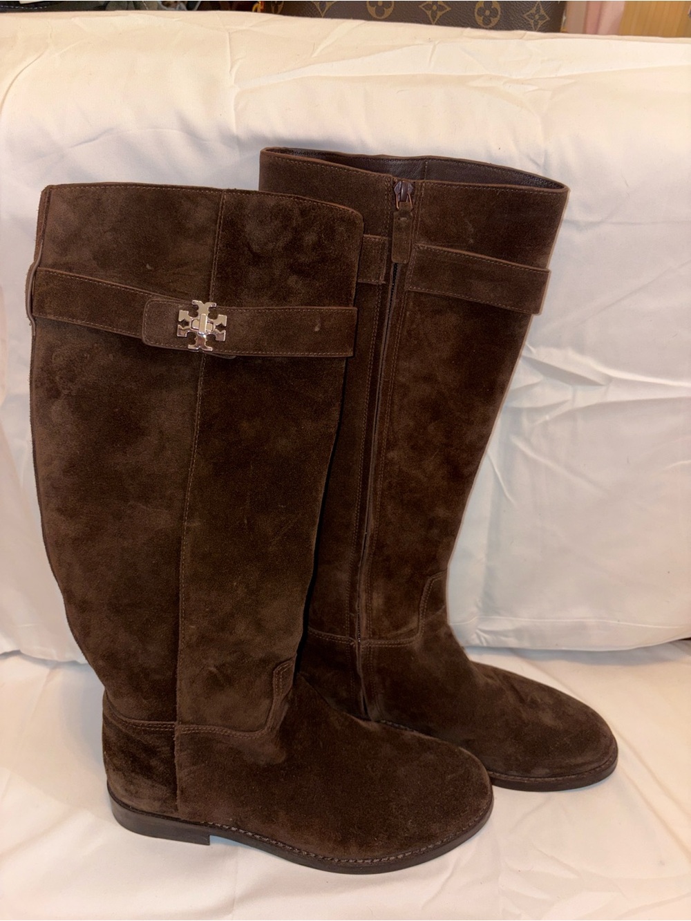 Tory Burch Dark Brown Suede Knee Boots with Logo Accent